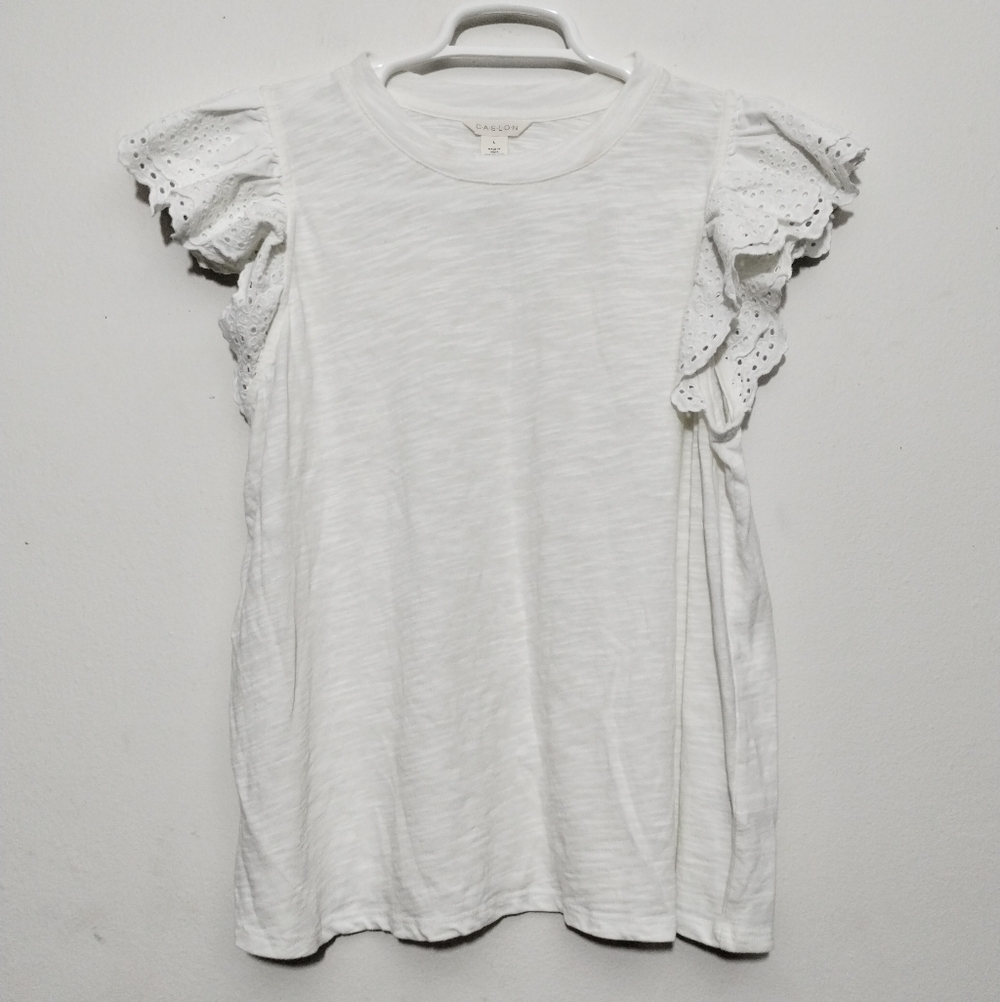 Caslon White Eyelet Sleeve Top Women's L Boho Nautical